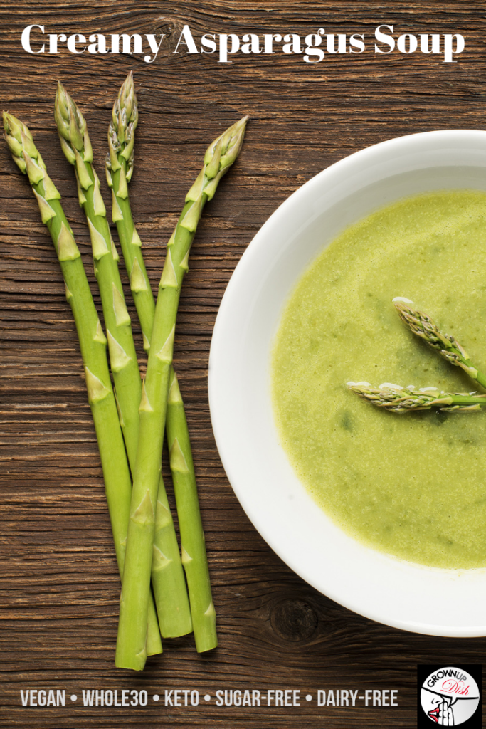 Creamy asparagus soup tastes like springtime in a bowl and it's dairy free, Paleo, Whole30 and vegan (if you use vegetable stock). One pot recipe. www.amiofbs.com