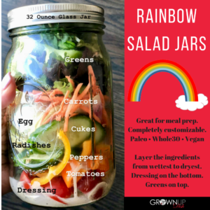 This Rainbow Salad Jar recipe is completely customizable and ideal for meal prep. Stack the ingredients from wet to dry and jars will keep for 5 days. | amiofbs.com