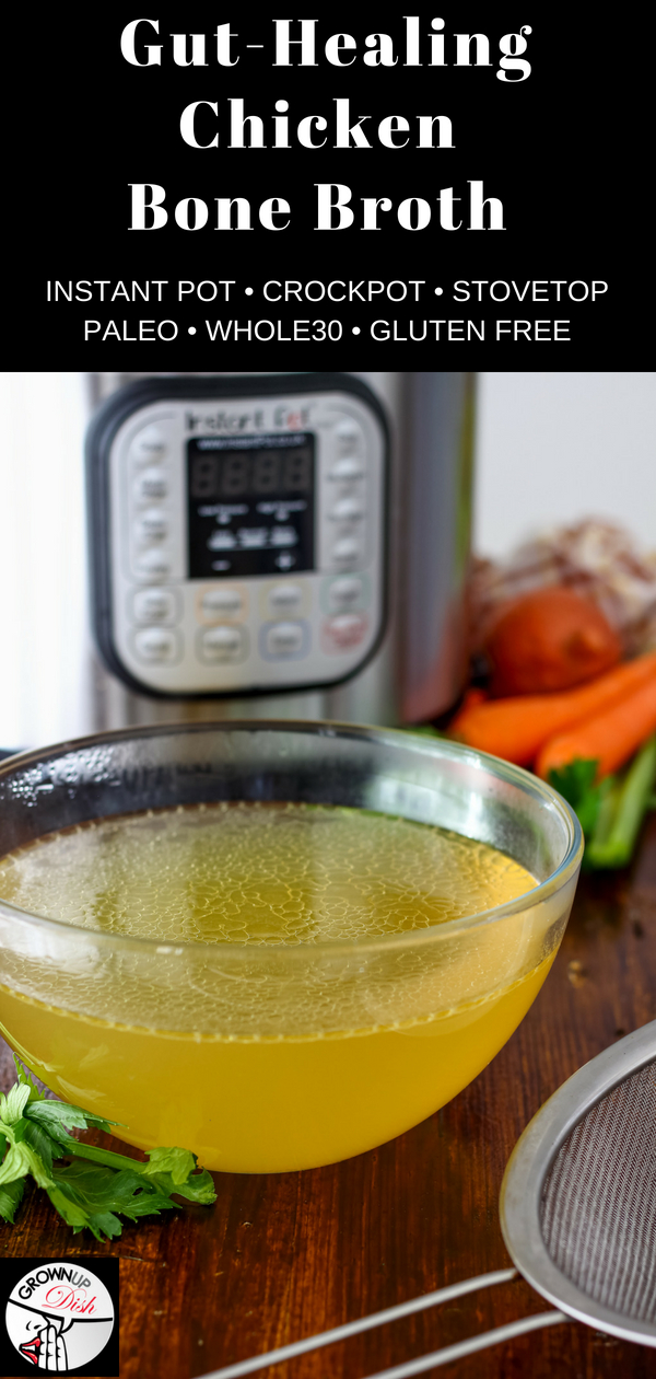 Make this homemade gut-healing chicken bone broth recipe in an Instant Pot, crockpot or on the stovetop. It's economical, wholesome and delicious. Soon you'll know why it's called "Jewish Penicillin."