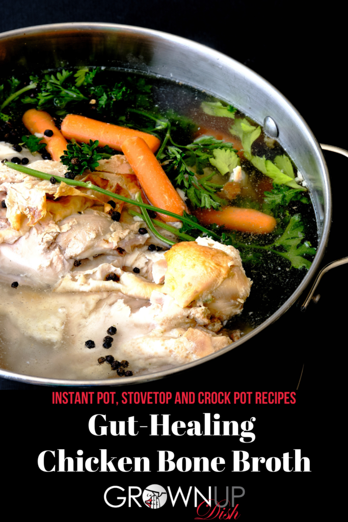 Make this homemade gut-healing chicken bone broth recipe in an Instant Pot, crockpot or on the stovetop. It's economical, wholesome and delicious. | www.amiofbs.com