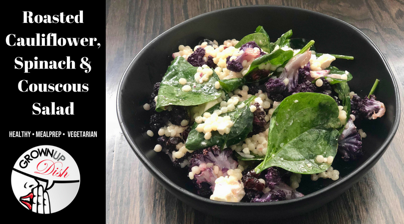 Roasted cauliflower, spinach, couscous, feta and dried cherries create an explosion of taste and texture in this quick, easy and healthy salad recipe. | www.amiofbs.com