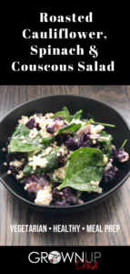 Roasted cauliflower, spinach, couscous, feta and dried cherries create an explosion of taste and texture in this quick, easy and healthy salad recipe. | www.amiofbs.com