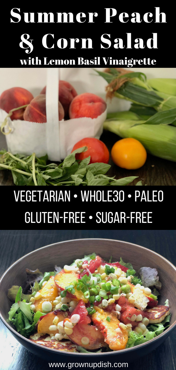 Destined to become your favorite healthy summer salad, this recipe features fresh sweet corn, juicy sweet peaches and tomatoes with a lemon basil vinaigrette. It's Paleo, Whole30, Sugar-Free, Gluten-Free and Vegetarian. | www.amiofbs.com