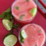 This watermelon mojito cocktail recipe takes full advantage of summer's bountiful produce. Fresh watermelon and mint and a squeeze of lime are the perfect combination for this light and refreshing drink. Use rum for a traditional mojito, or substitute tequila. For a Whole30 mocktail, omit the alcohol - it's still delicious! | www.amiofbs