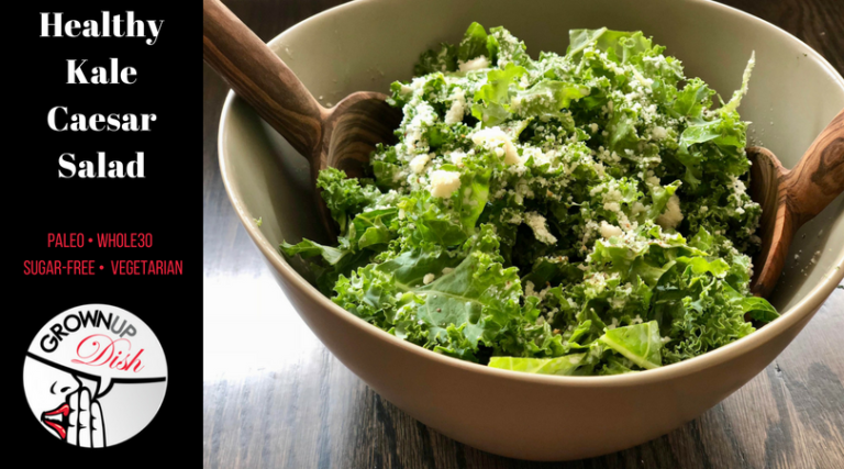 This paleo kale caesar salad is so delicious that you'll forget it's good for you. It's the homemade salad dressing that makes it so legit. And it's super easy to make. The dressing is just a riff on homemade mayonnaise, which you can whip up with an immersion blender in just minutes. | www.amiofbs.com