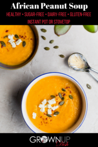 You can make this Spicy Creamy African Peanut Soup on the stovetop or in an Instant Pot (pressure cooker.) It's rich and hearty with just the right amount of spice and it's dairy-free, sugar-free, gluten-free and can easily be made vegan or vegetarian. | www.amiofbs.com