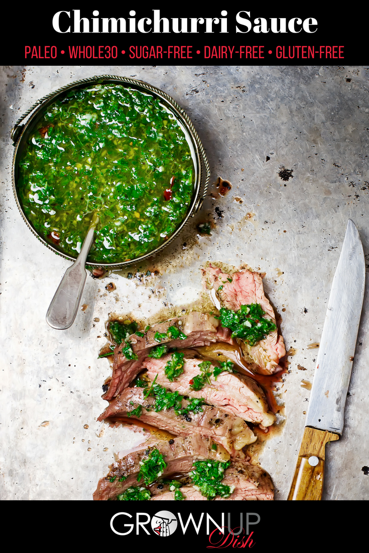 Homemade Paleo Chimichurri Sauce is so much more than just a topper for steaks. It's also delicious on chicken, seafood, potatoes, etc. Chock full of fresh herbs and healthy fats, it will add a boost of flavor to all of your meals. And, you can make it in less than 5 minutes. | www.amiofbs.com