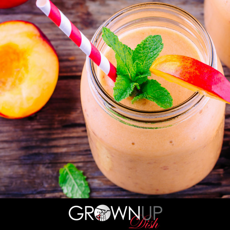 This Peach Basil Smoothie recipe is rich, sweet, fruity and creamy (even though it contains no dairy or sweeteners.) The best part? The healthy Fab Four combination of protein, fat, fiber and greens will elongate your blood sugar curve and keep you full for hours. | www.amiofbs.com