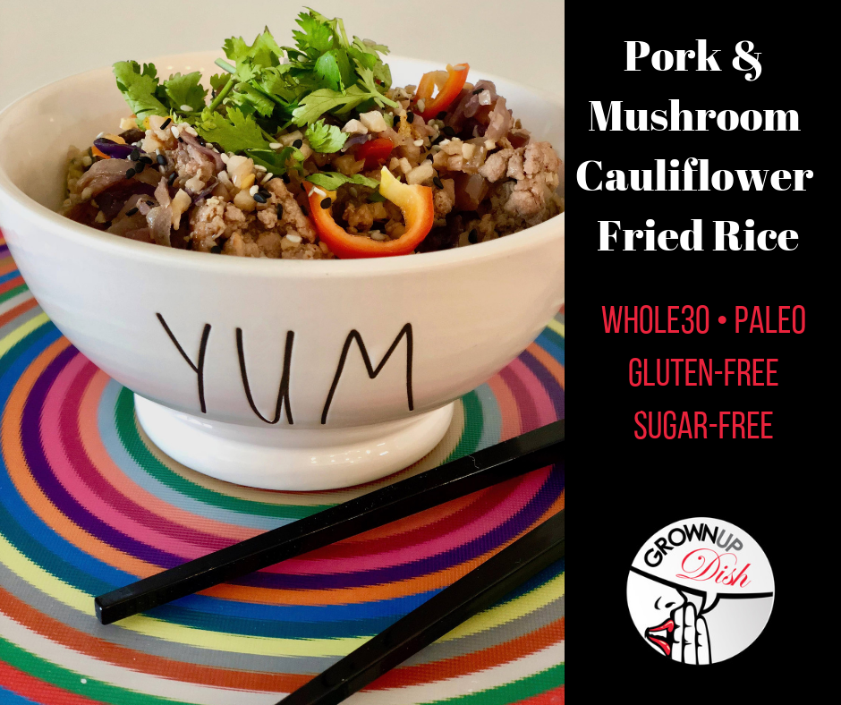 Don't order Chinese takeout. Try this pork and mushroom cauliflower fried rice. We've used cauliflower rice to compliment the pork, vegetables, egg and spicy sauce. It's Paleo gluten-free and Whole30 compliant, but mostly it's just delicious! | www.amiofbs.com