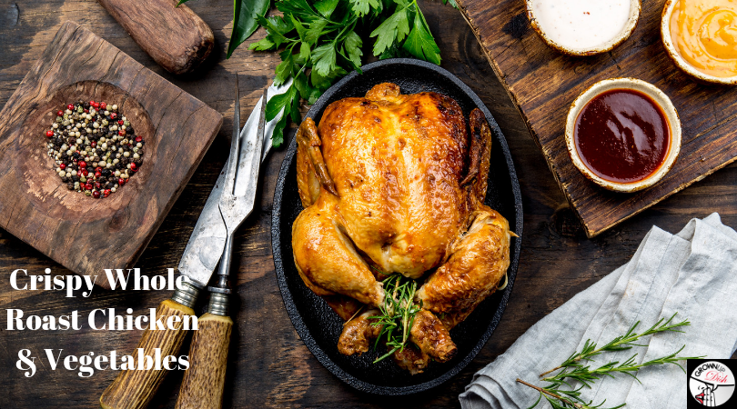 This crispy whole chicken and vegetable recipe is foolproof. It's Paleo, Whole30, gluten-free, keto and the leftovers are versatile & delicious. | www.amiofbs.com