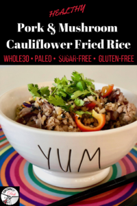 Don't order Chinese takeout. Try this pork and mushroom cauliflower fried rice. We've used cauliflower rice to compliment the pork, vegetables, egg and spicy sauce. It's Paleo gluten-free and Whole30 compliant, but mostly it's just delicious! | www.amiofbs.com