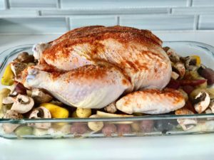 This crispy whole chicken and vegetable recipe is foolproof. It's Paleo, Whole30, gluten-free, keto and the leftovers are versatile & delicious. | www.amiofbs.com