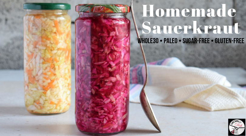 Easy homemade sauerkraut is a snap to make. Just mix the brine, pour it over chopped cabbage and refrigerate. In a few hours it's ready to eat and the longer it sits, the better it tastes. Plus fermented foods are super healthy! This recipe is sugar-free, gluten-free, paleo, Whole30 and vegan. | www.amiofbs.com