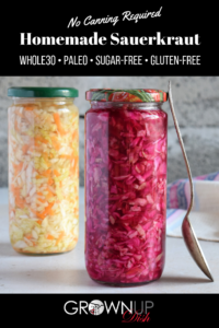 Easy homemade sauerkraut is a snap to make. Just mix the brine, pour it over chopped cabbage and refrigerate. In a few hours it's ready to eat and the longer it sits, the better it tastes. Plus fermented foods are super healthy! This recipe is sugar-free, gluten-free, paleo, Whole30 and vegan. | www.amiofbs.com