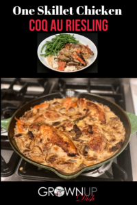 One skillet chicken Coq au Riesling is the perfect weeknight meal and the ultimate comfort food. It's decadent, delicious and all made in one pan. | www.amiofbs.com