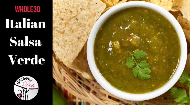 Easy and healthy Whole30 Italian Salsa Verde combines capers, fresh parsley, and garlic with lemon juice and crushed red pepper. Best seafood topping! | www.amiofbs.com