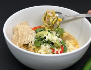 If you like big spicy flavor and toppings galore, Easy Mexican Soup features chicken, white beans, zoodles, and a hit of fresh Jalapeño and lime juice. | www.amiofbs.com
