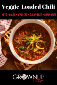This Veggie Loaded Chili recipe is sugar-free and gluten-free. For Whole30, paleo or keto versions omit the beans. Make a big pot today and thank me later. | www.amiofbs.com