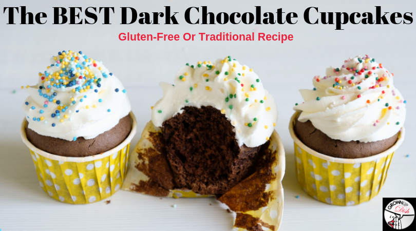 The BEST dark chocolate cupcake recipe! It's over-the-top delicious and can be made with gluten-free or all purpose flour. Top with whipped cream or your favorite frosting. | www.amiofbs.com