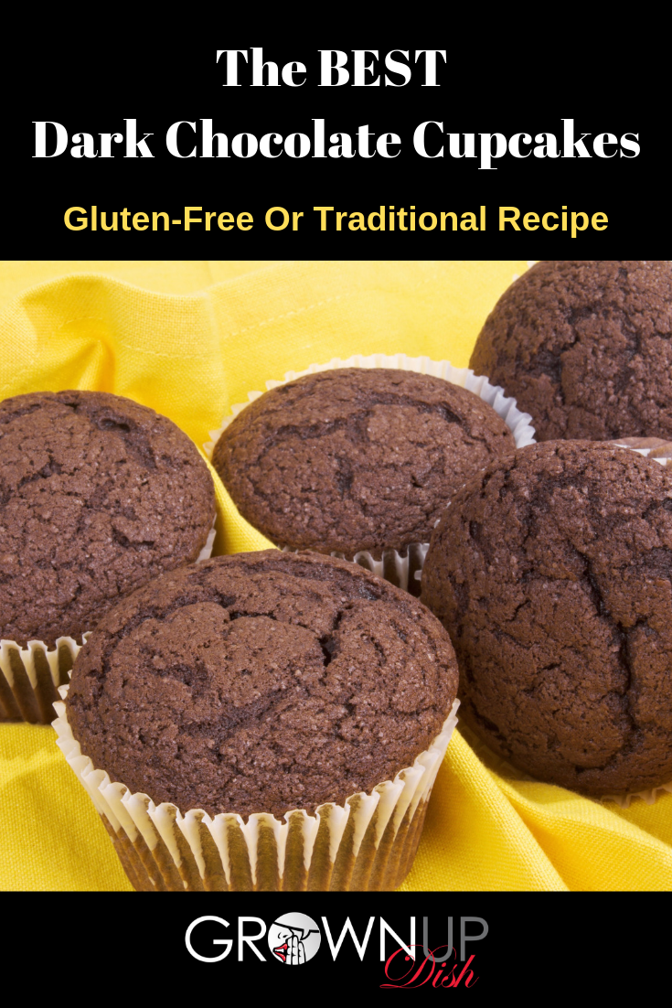 The BEST dark chocolate cupcake recipe! It's over-the-top delicious and can be made with gluten-free or all purpose flour. Top with whipped cream or your favorite frosting. | www.amiofbs.com