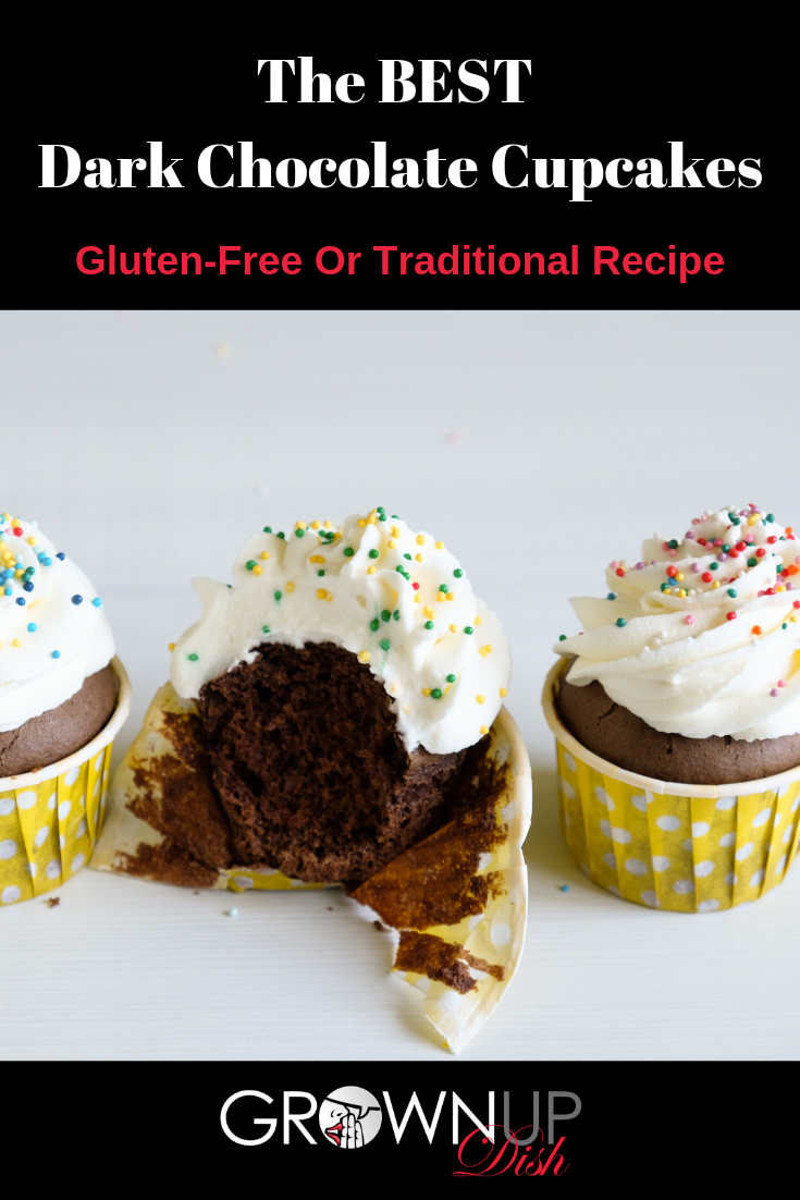 The BEST dark chocolate cupcake recipe! It's over-the-top delicious and can be made with gluten-free or all purpose flour. Top with whipped cream or your favorite frosting. | www.amiofbs.com