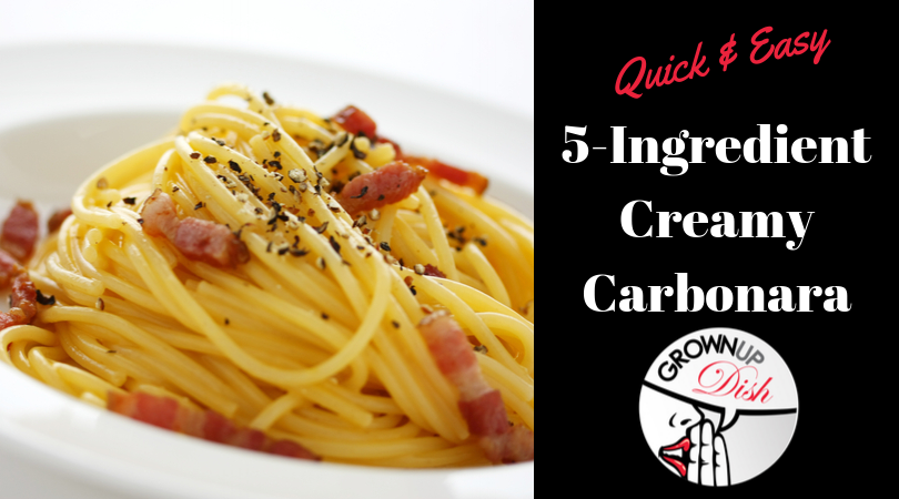 5-Ingredient Creamy Carbonara is an easy weeknight dinner - cozy, comforting and shockingly easy to make. It uses pantry staples & no cream. | www.amiofbs.com