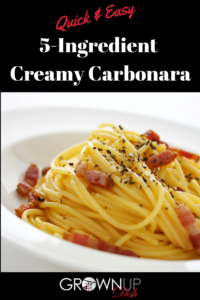 5-Ingredient Creamy Carbonara is an easy weeknight dinner - cozy, comforting and shockingly easy to make. It uses pantry staples & no cream. | www.amiofbs.com