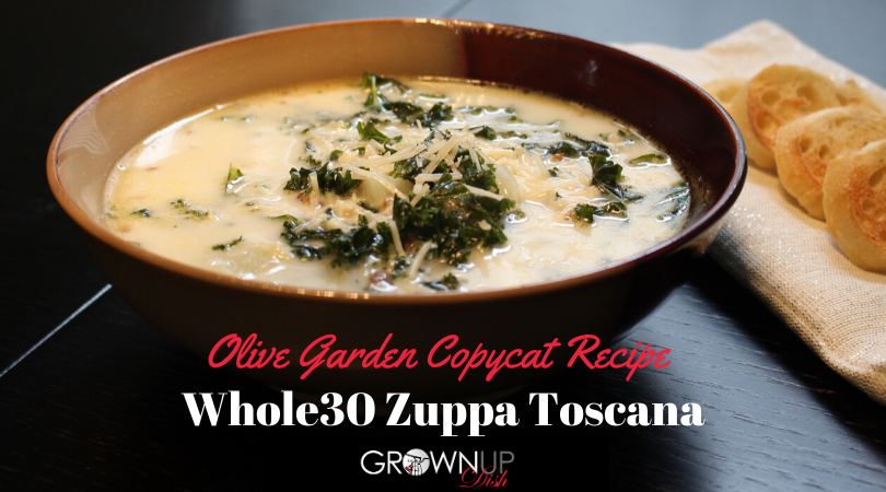 Olive Garden Copycat Whole30 Zuppa Toscana soup is a hearty mixture of sausage, potato, kale and lots of veggies. It's much healthier than the original Olive Garden version. | www.amiofbs.com