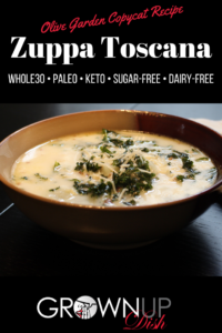 Olive Garden Copycat Whole30 Zuppa Toscana soup is a hearty mixture of sausage, potato, kale and lots of veggies. It's much healthier than the original Olive Garden version and even more delicious. Recipe is Whole30, dairy-free, sugar-free, keto & paleo. | www.amiofbs.com
