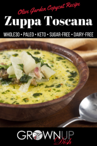 Olive Garden Copycat Whole30 Zuppa Toscana soup is a hearty mixture of sausage, potato, kale and lots of veggies. It's much healthier than the original Olive Garden version and even more delicious. Recipe is Whole30, dairy-free, sugar-free, keto & paleo.| www.amiofbs.com