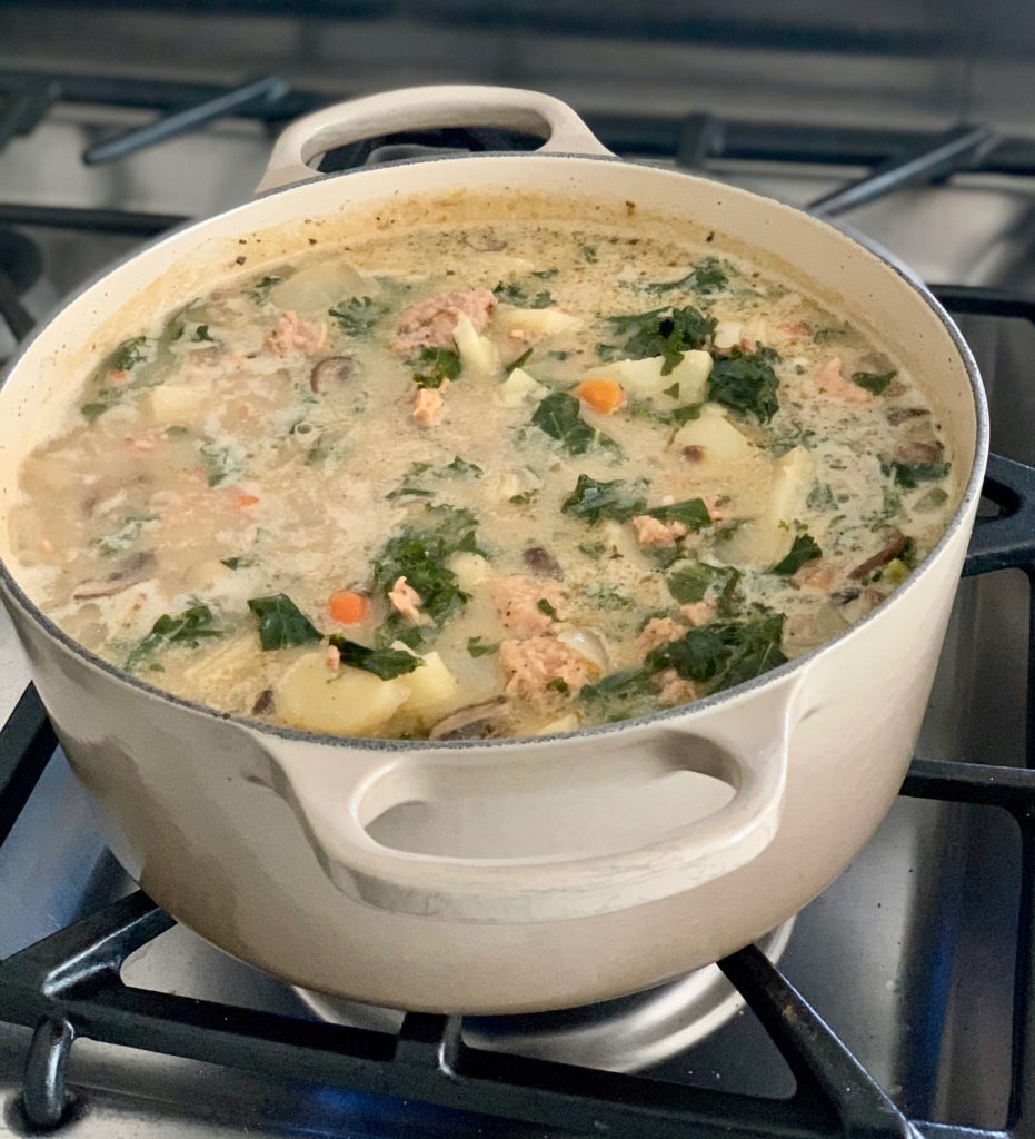Olive Garden Copycat Whole30 Zuppa Toscana soup is a hearty mixture of sausage, potato, kale and lots of veggies. It's much healthier than the original Olive Garden version and even more delicious. Recipe is Whole30, dairy-free, sugar-free, keto & paleo. | www.amiofbs.com