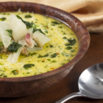 Olive Garden Copycat Whole30 Zuppa Toscana soup is a hearty mixture of sausage, potato, kale and lots of veggies. It's much healthier than the original Olive Garden version. | www.amiofbs.com