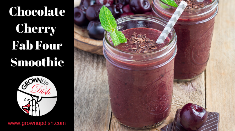 This delicious Chocolate Cherry Fab Four smoothie combines protein, healthy fat, fiber and greens to tickle your tastebuds and keep you full for hours. | www.amiofbs.com