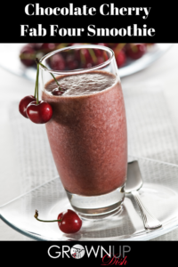 This delicious Chocolate Cherry Fab Four smoothie combines protein, healthy fat, fiber and greens to tickle your tastebuds and keep you full for hours. | www.amiofbs.com