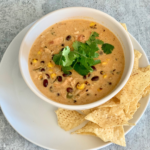 Easy chicken queso soup is cheesy, a little bit spicy, very creamy, very hearty, and oh so delicous. Quick & easy to make with leftover rotisserie chicken. | www.amiofbs.com