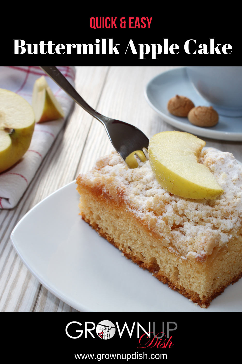 This light and fluffy buttermilk apple cake is a cross between a coffee cake and a dessert.  It's a yummy treat that isn't too sweet so it makes a lovely breakfast or coffee break snack. | www.amiofbs.com
