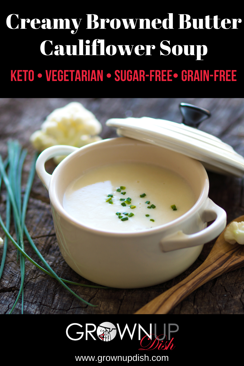 Creamy browned butter cauliflower soup uses clean ingredients but tastes rich and decadent. Vegetarian and keto and can also be made vegan. | www.amiofbs.com