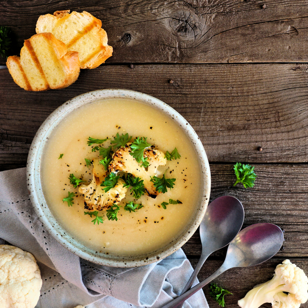 Creamy browned butter cauliflower soup uses clean ingredients but tastes rich and decadent. Vegetarian and keto and can also be made vegan. | www.amiofbs.com