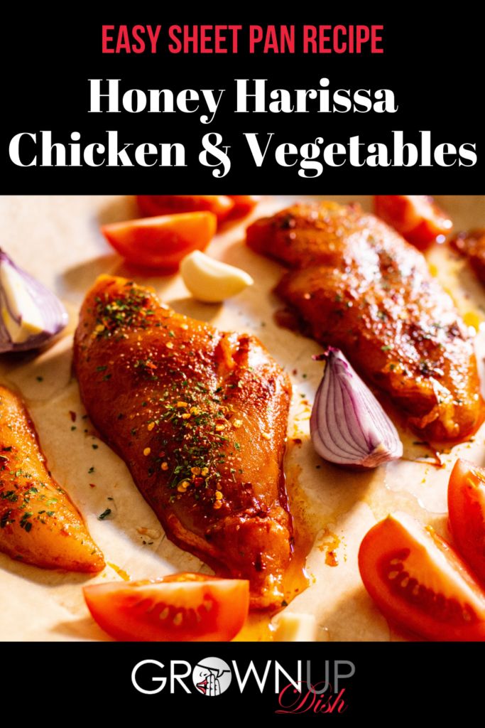 Honey Harissa Sheet Pan Chicken & Vegetables is so versatile and easy that it'll become your favorite weeknight dinner recipe. Try it! | www.amiofbs.com