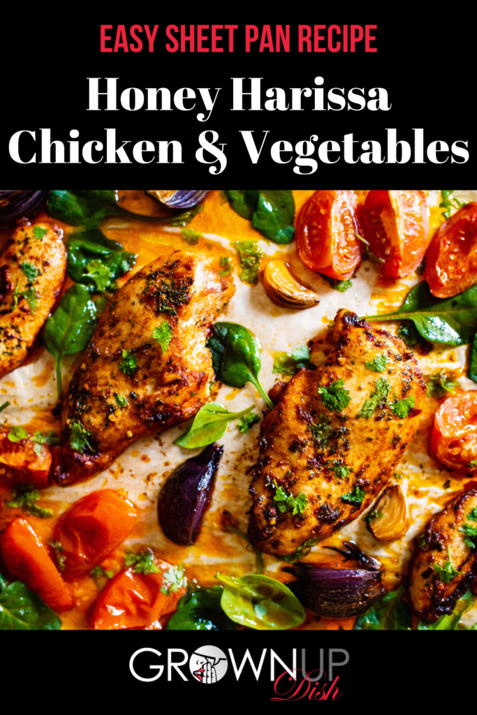 Honey Harissa Sheet Pan Chicken & Vegetables is so versatile and easy that it'll become your favorite weeknight dinner recipe. Try it! | www.amiofbs.com