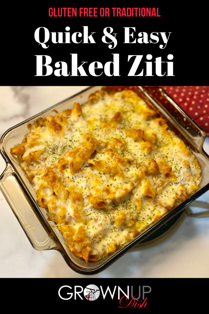 This quick and easy baked ziti recipe uses jarred pasta sauce so you can get dinner on the table in just over 30 minutes. Can be made gluten free. | www.amiofbs.com
