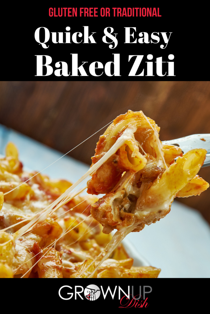 This quick and easy baked ziti recipe uses jarred pasta sauce so you can get dinner on the table in just over 30 minutes. Can be made gluten free. | www.amiofbs.com