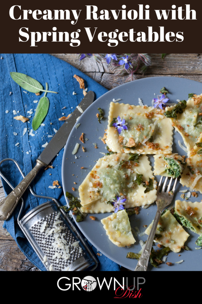 Creamy ravioli with spring vegetables is a delicious vegetarian recipe. It's a healthy easy meal packed with flavor and nutrients. | www.amiofbs.com