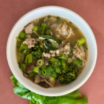 This one-pot spicy pork and broccolini soup recipe is loaded with flavor and ready in 30 minutes. Check out the recipe for variations and substitutions. www.amiofbs.com