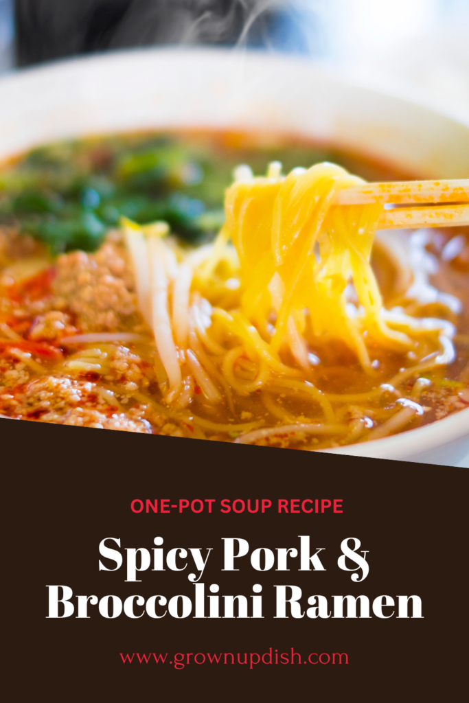 This one-pot spicy pork and broccolini soup recipe is loaded with flavor and ready in 30 minutes. Check out the recipe for variations and substitutions. www.amiofbs.com